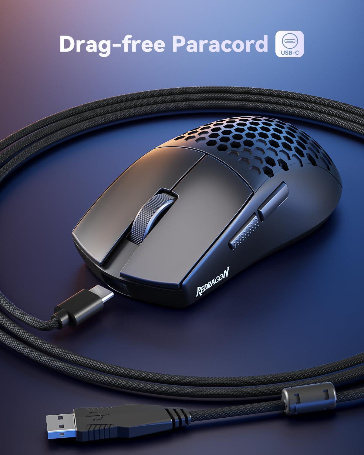 imageRedragon M617 Ultralight Honeycomb Shell Wired Gaming Mouse 41g 10000 DPI 6 Programmable Buttons DragFree Paracord TypeC Gamer Mouse with 2 Side Buttons for PCMacLaptop BlackBlack
